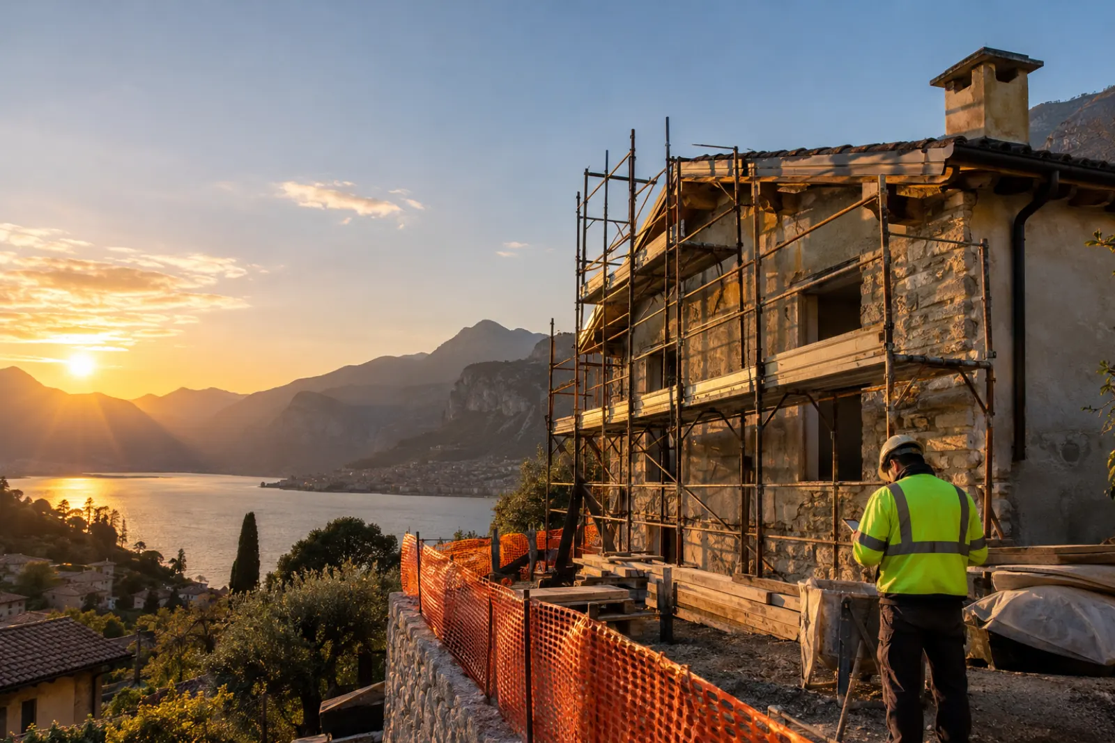 Cantiere edile all'alba con ponteggi e montagne sullo sfondo